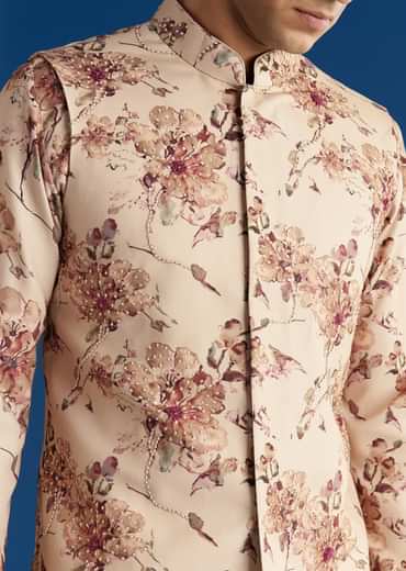 Beige Silk Pashmina Threadwork Kurta Jacket Set With Sequins