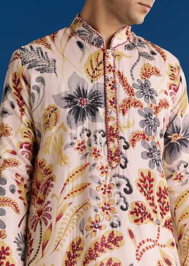 Cream Silk Floral Resham Threadwork Kurta Jacket Set