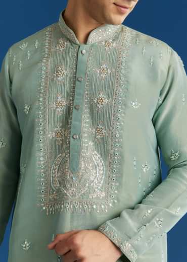 Green Tissue Kurta Set With Cutdana Yoke