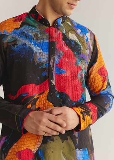 Multicolour Black Rawsilk Abstract Printed Kurta Set