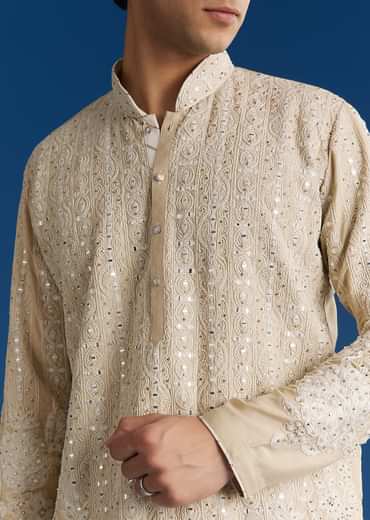 Light Beige Silk Embroidered Kurta Set