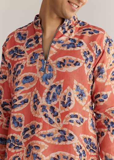 Rust Orange Silk Zipper Kurta Set