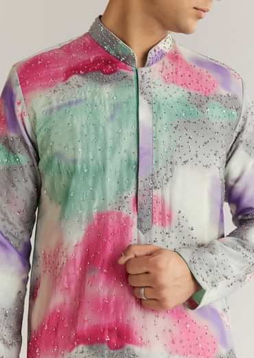 Multicolour Silk Abstract Printed Kurta Set With Sequins