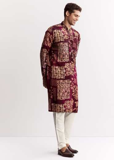 Wine Chanderi Kurta Set With Stone Sequins And Cutdana Work