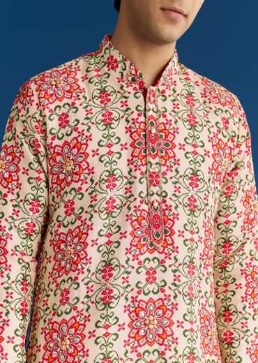 Beige Silk Stone Cutdana Embroidered Kurta Set