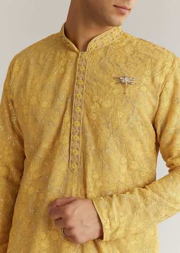 Yellow Tissue Resham Embroidered Kurta Set With Cutdana Beads