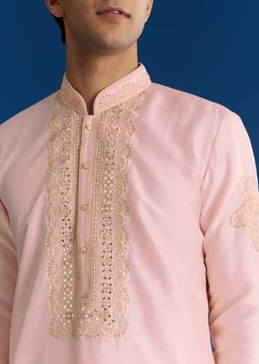 Light Pink Silk Mirror Threadwork Kurta Set