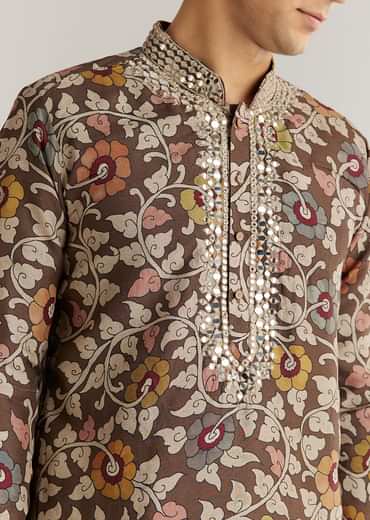 Brown Silk Mirron Threadwork Kurta Set With Dupatta