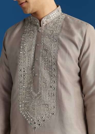 Grey Silk Yoke Mirror Gotta Work Zari Sequins Kurta Set