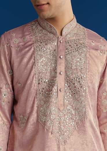 Onion Pink Tissue Kurta Set With Embroidered Yoke