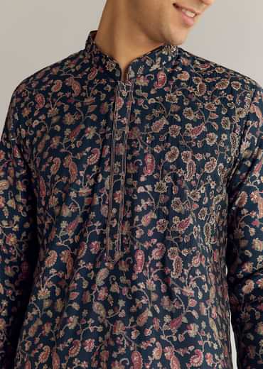 Navy Blue Silk Floral Printed Kurta Set With Cutdana Work