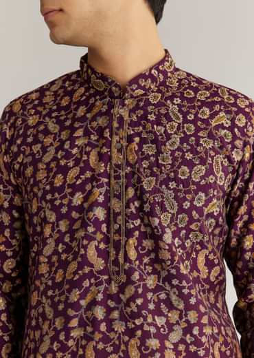 Wine Silk Floral Printed Kurta Set With Cutdana Work