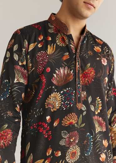 Black Silk Floral Resham Embroidered Kurta Set