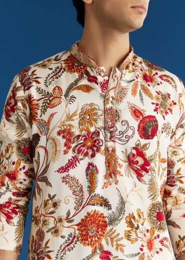 Cream Silk Floral Resham Embroidered Kurta Set