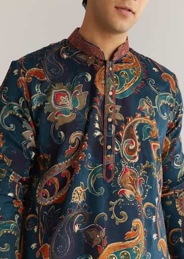 Navy Blue Silk Resham Embroidered Kurta Set With Paisley Prints