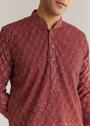 Maroon Silk Cutdana Floral Kurta Set