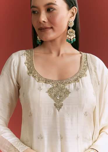 Off White Jaquard Silk Anarkali Suit With Dupatta