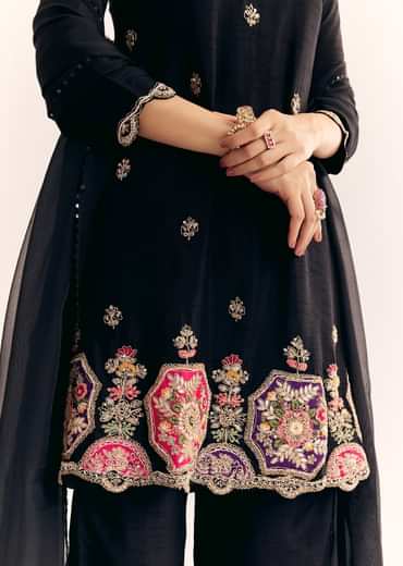 Black Zardosi Work Dola Silk Kurta And Organza Dupatta Suit