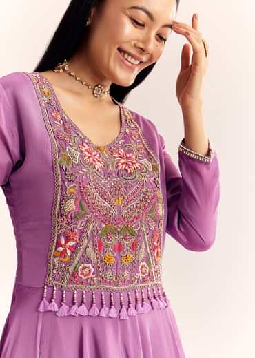 Purple Chinon Zardosi Kurta Palazzo Suit