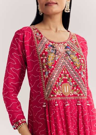 Red Dola Silk Gown With Embroidered Print