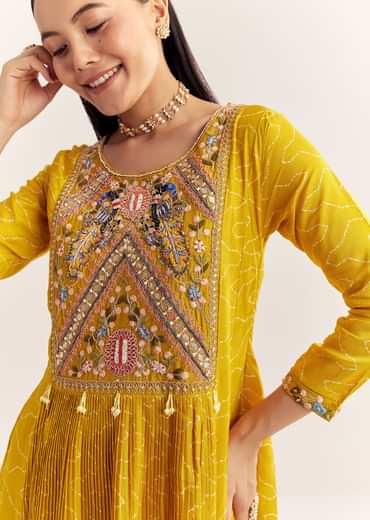 Yellow Dola Silk Gown With Embroidery