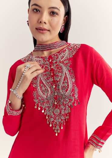 Red Dola Silk Kurta Set With Zardosi And Choker Dupatta