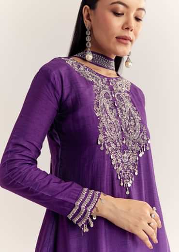Purple Dola Silk Kurta Set With Zardosi And Choker Dupatta