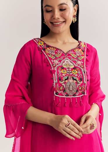 Pink Chinon Asymmetrical Palazzo Suit With Embroidery