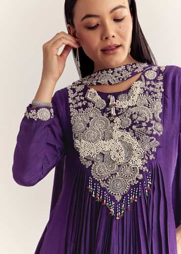 Purple Dola Silk Anarkali With Silver Zardosi And Choker Dupatta