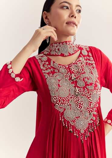 Red Dola Silk Anarkali With Silver Zardosi And Choker Dupatta