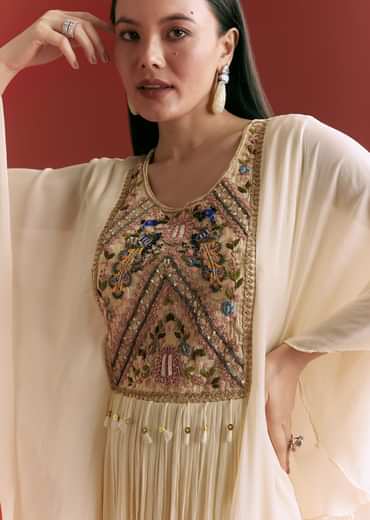 Cream Chinon Embroidered Gown With Flared Sleeves