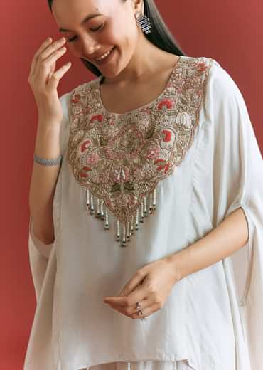 Light Grey Dola Silk Kaftaan Suit With Zardosi Work