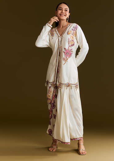 Cream Printed Croptop Set With Gotta Work Jacket And Dhoti Skirt