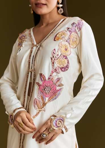 Cream Printed Croptop Set With Gotta Work Jacket And Dhoti Skirt