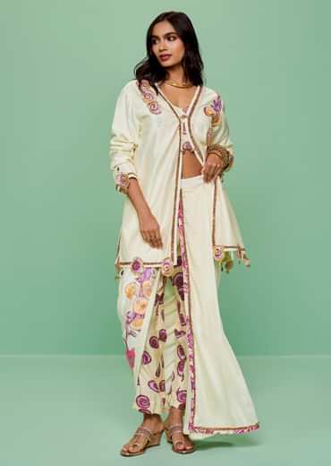 Cream Printed Croptop Set With Gotta Work Jacket And Dhoti Skirt
