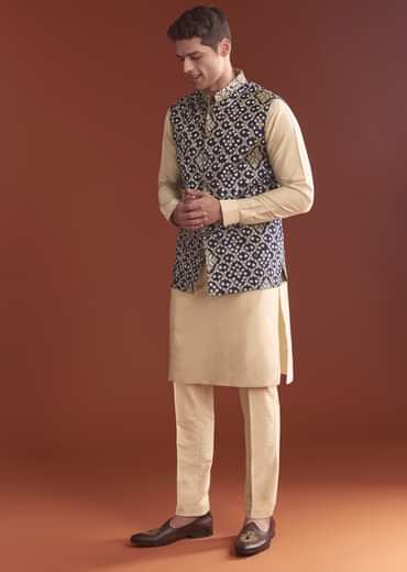 Blue Silk Bandhani Kurta Jacket Set For Men With Geometric Motifs