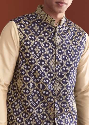 Blue Silk Bandhani Kurta Jacket Set For Men With Geometric Motifs