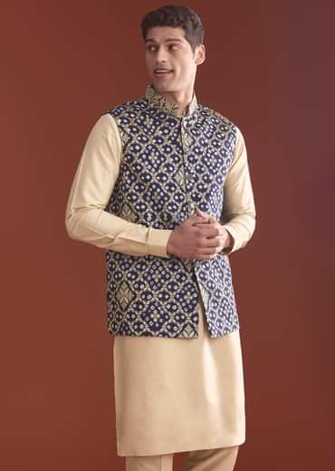 Blue Silk Bandhani Kurta Jacket Set For Men With Geometric Motifs