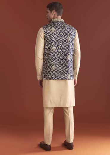 Blue Silk Bandhani Kurta Jacket Set For Men With Geometric Motifs