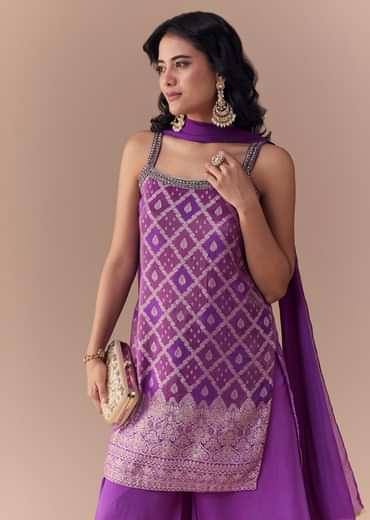 Purple Jacquard Woven Kurta Palazzo Set