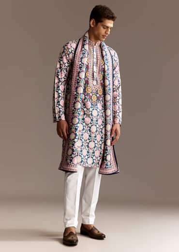 Blue Printed Kurta Dupatta Set With Mirror Work