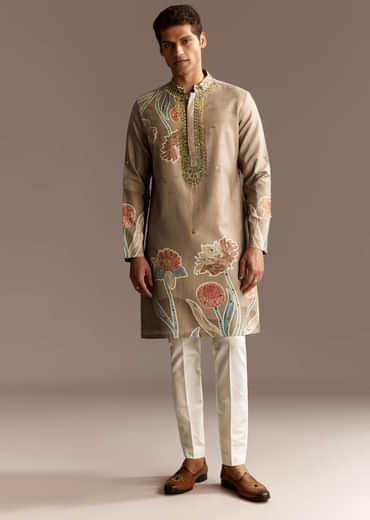 Beige Mirror Work Kurta Set