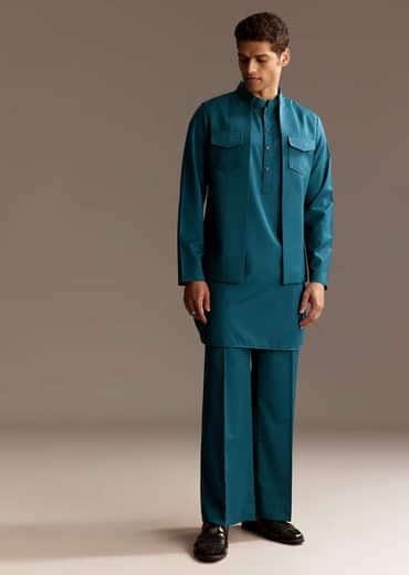 Blue Kurta Jacket Set With Palazzo Pants