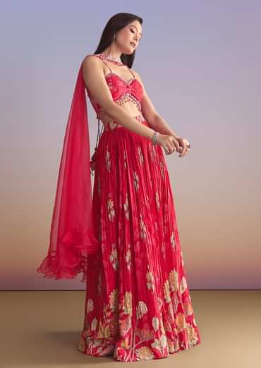 Pink Crepe Bridesmaid Lehenga With Floral Print