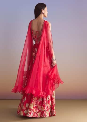 Pink Crepe Bridesmaid Lehenga With Floral Print