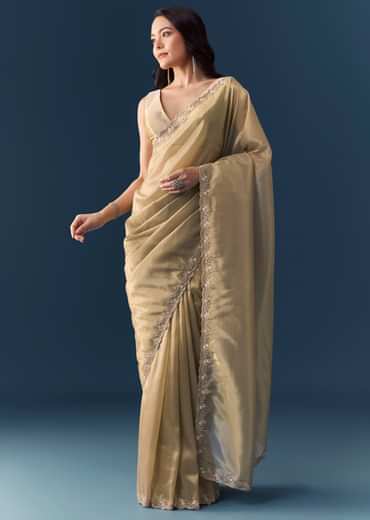Beige Tissue Embellished Saree with Unstitched Blouse