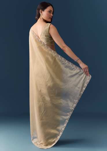 Beige Tissue Embellished Saree with Unstitched Blouse