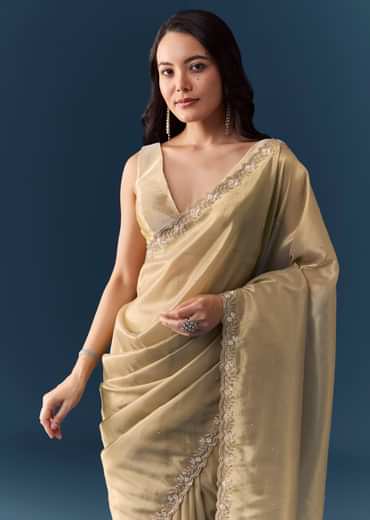 Beige Tissue Embellished Saree with Unstitched Blouse