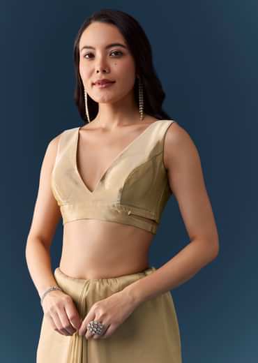 Beige Tissue Embellished Saree with Unstitched Blouse