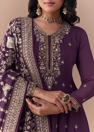 Purple Sequin Embellished Georgette Anarkali Set